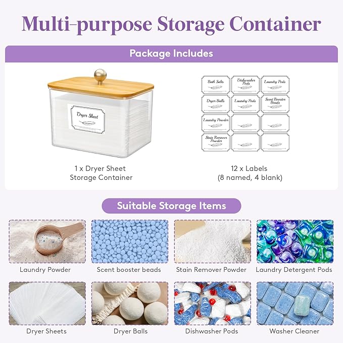 Lifewit Laundry Pods Container with Lid, Dryer Sheet Holder, Room Organization Storage for Coffee Pods Kcup Washing Powder, Scent Booster Beads, 2000 ml/0.53gal，Natural,1 Pcs