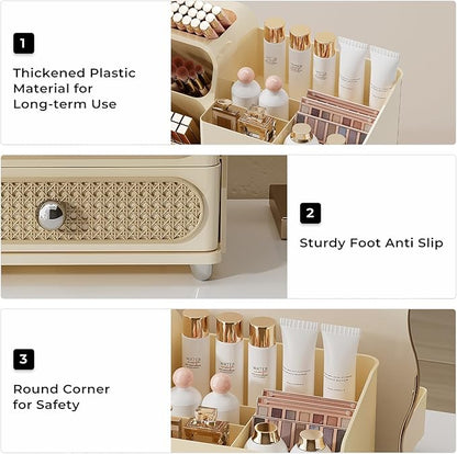 Makeup Organizer for Vanity with Brush Holder, Large Capacity Bathroom Countertop Skincare Organizer with 2 Drawers, Cosmetic Display Case for Perfumes, Eyeshadow Palettes, Nail Polishes