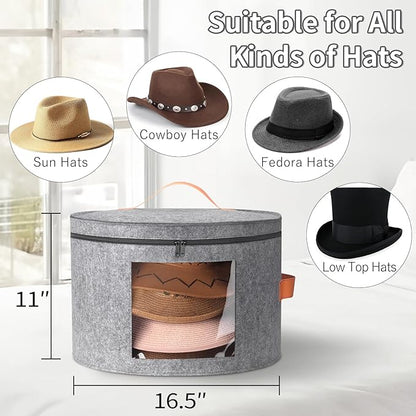 kushon Round Cowboy Hat Box for 6-9 Caps, Large Felt Hat Organizer Bag for Men & Women Storage, With Support, Foldable 16.5" D x 11" H Carrier