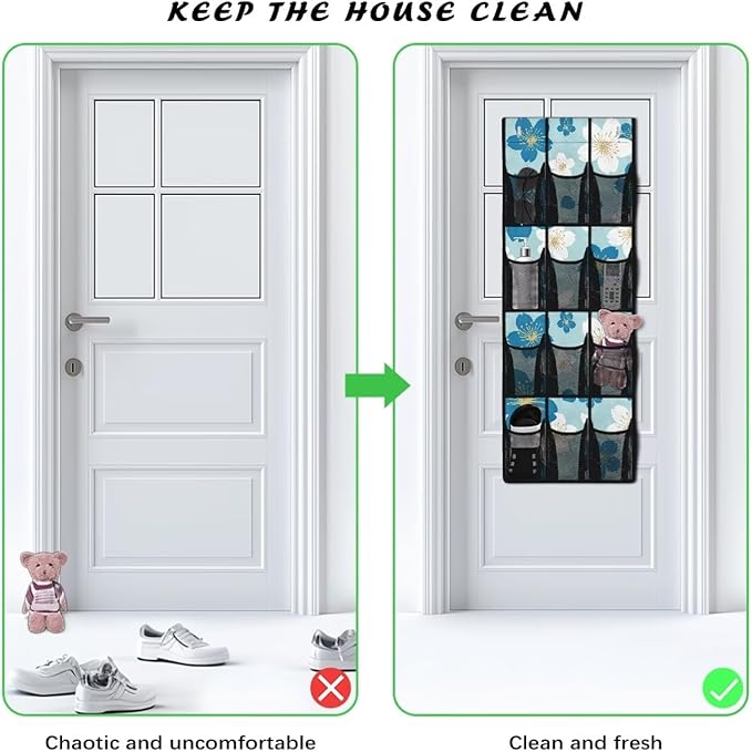 Over The Door Hanging Shoe Storage Pockets, Wall Storage Bag Fabric Wall Door Closet Hanging Storage Bag Organizer,Blue Flowers