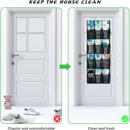 Over The Door Hanging Shoe Storage Pockets, Wall Storage Bag Fabric Wall Door Closet Hanging Storage Bag Organizer,Blue Flowers