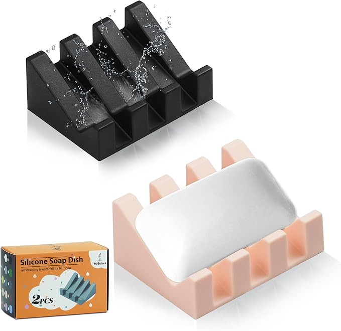2 Pack Self Draining Silicone Soap Dish for Shower & Kitchen - Waterfall Bar Soap Holder Tray, Non-Slip Soap Saver Keeps Soap Dry, Easy to Clean, Extends Soap Life (Pink-Black)