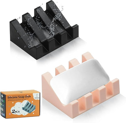 2 Pack Self Draining Silicone Soap Dish for Shower & Kitchen - Waterfall Bar Soap Holder Tray, Non-Slip Soap Saver Keeps Soap Dry, Easy to Clean, Extends Soap Life (Pink-Black)