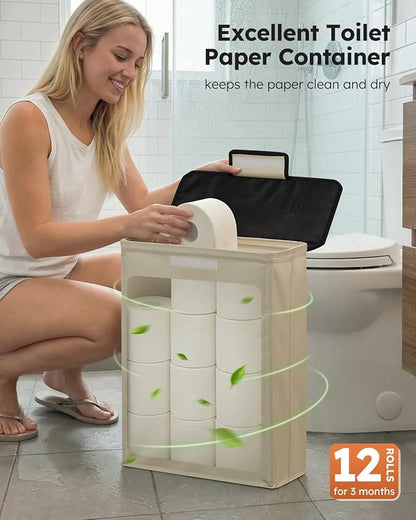 Freestanding Toilet Paper Holder Stand with Shelf for Up to 12 Rolls,Rustproof Metal Bathroom Toilet Paper Storage with Lid, All-in-One Toilet Tissue Roll Dispenser and Organizer,Beige