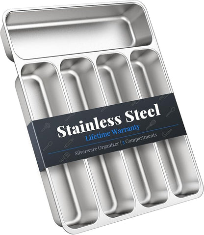 IKOCO Silverware Organizer Stainless Steel Utensil Drawer Organizer with 5 Compartments for Kitchen, Dishwasher Safe, Holds Spoons Forks Knives (13.8" x 11.4" x 1.6", Silver)
