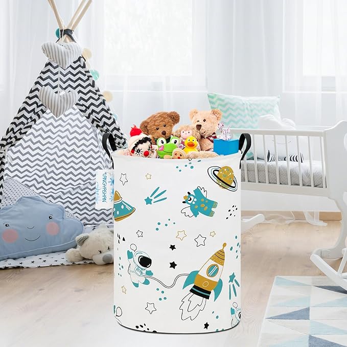 Storage Bin, Canvas Fabric Collapsible Organizer Basket for Laundry Hamper,Toy Bins,Gift Baskets, Bedroom, Clothes,Baby Nursery (Round space astronaut)