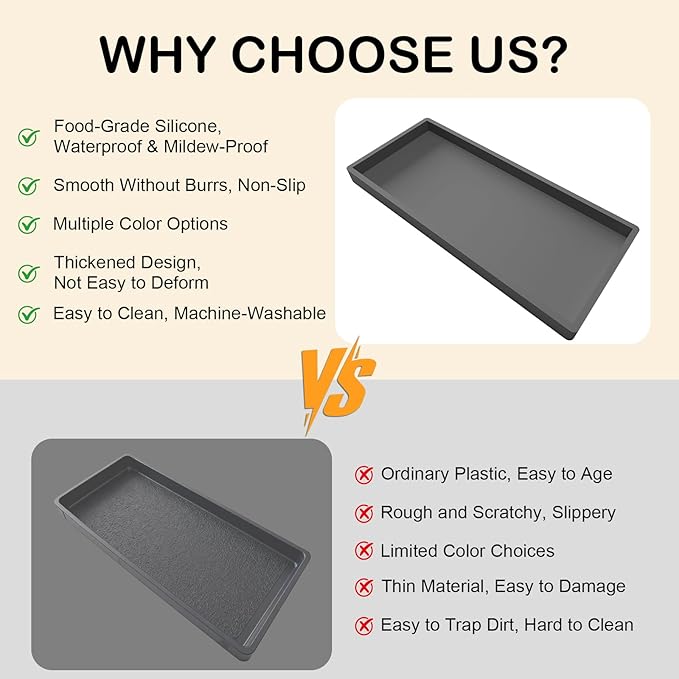 Silicone Bathroom Vanity Tray, 7.8 x 3.9 Inch Perfume Trays for Dresser, Soft Organizer Tray for Makeup, Jewelry, Rings, Non-Slip, Waterproof Small Tray for Bathroom Counter, Grey