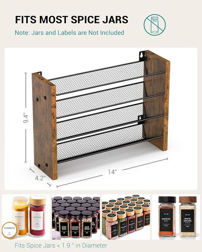 NESAPTO Spice Rack Organizer for Cabinet, Wood 4-Tier Vertical Seasoning Organizer, Wall Mount or Countertop Spice Shelf, Holds 28 Jars (No Jars Included), 14" W x 9.4" H