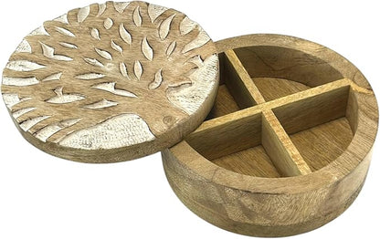 Salt and Pepper Wooden Seasoning Box With Four Compartments, Salt Cellar and Spices Storage Box With Rotating Cover - Spice Container & Organizer for Kitchen Countertop (6x6 x2.75)