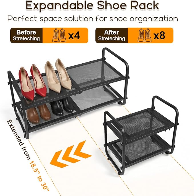Expandable Shoe Rack for Closet - Shoe Organizer for Entryway, Adjustable Metal Shoe Storage, Stackable Long Shoe Stand Holder for Garage, Hallway, Door Entrance (Black, 2 Tier)