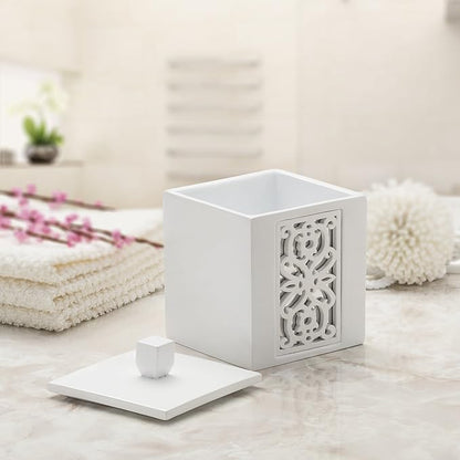 Creative Scents Mirror Janette White Qtip Holder With Lid - Decorative Cotton Ball Jar - Durable Cotton Swab Container - Beautiful Bathroom Vanity Accessories - Elegant Bath Storage