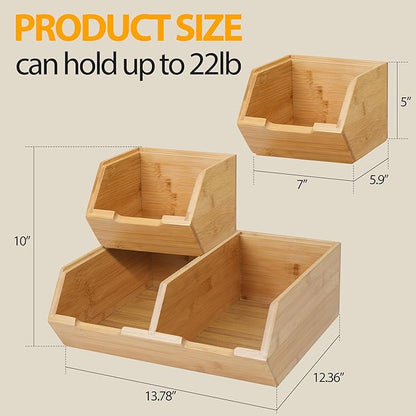3 Pack Stackable Bamboo Potato Onion Storage Bins - Pantry Organizers for Kitchen Countertop, Ventilated Food Storage Containers for Fruits Vegetables