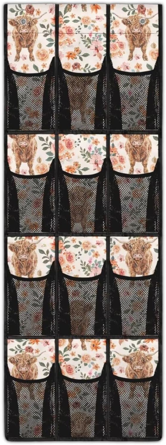 Roses and Highland Cow Over The Door Organizer for Dorm Room Essentials Large Pockets Shoe Organizer Door Hanger for Living Room,Mesh Pockets with 4 Metal Hook