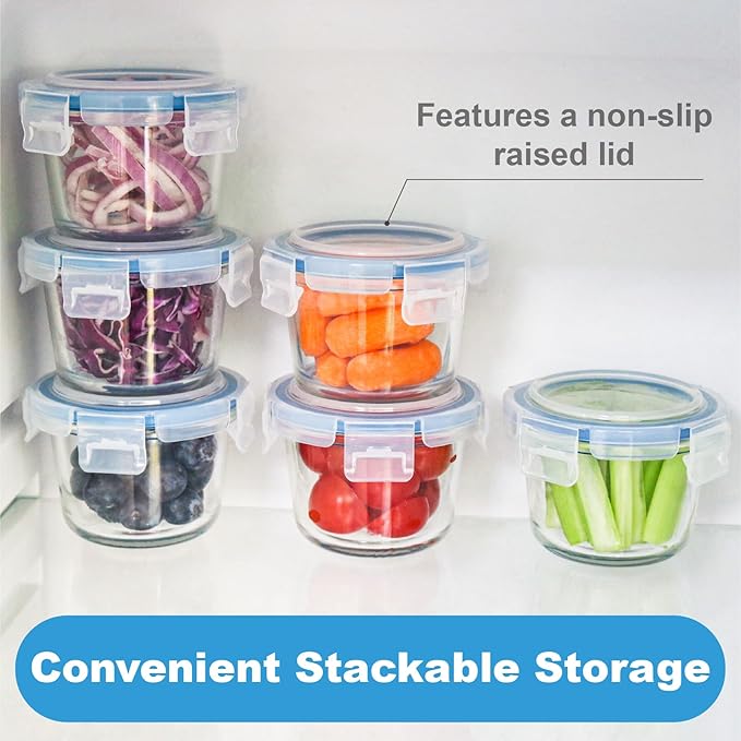 Set of 6 Small Glass Storage Containers, 7 oz Food Containers with No-Spill Lids, Thick Glass Jars for Meal Prep, Baby’s Snacks, Leftovers and Sauces, Dishwasher & Microwave Safe