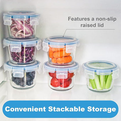 Set of 6 Small Glass Storage Containers, 7 oz Food Containers with No-Spill Lids, Thick Glass Jars for Meal Prep, Baby’s Snacks, Leftovers and Sauces, Dishwasher & Microwave Safe