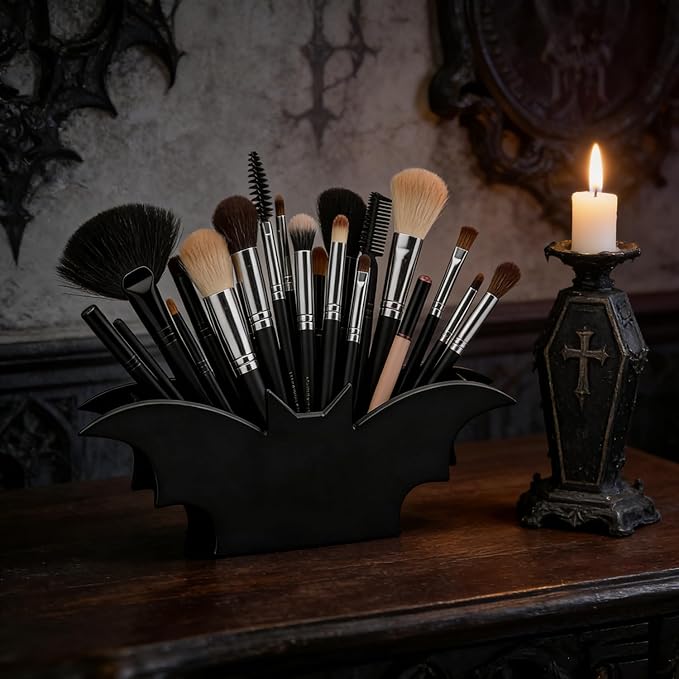 Gothic Makeup Brush Organizer - Wooden Bat Pen Holder Cosmetic Display Case for Vanity Desk Gothic Decor for Bathroom Bedroom Living Room Decoration Unique Gift