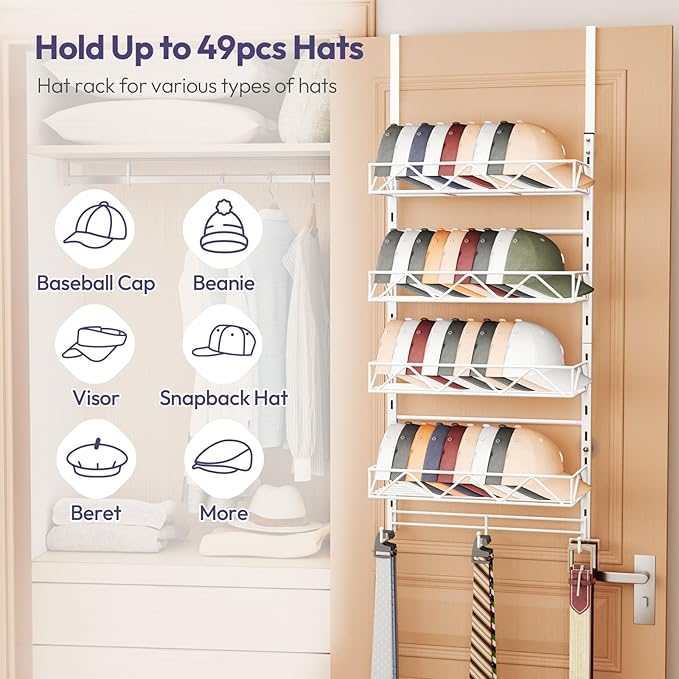 SWTYMIKI Over Door Hat Organizer - 5 Tier Wall Mounted Hat Rack with 4 Adjustable Metal Basket and 3 Hooks, Hanging Baseball Cap Organizer Storage Holds up to 49 Caps for Door, Bedroom, Closet