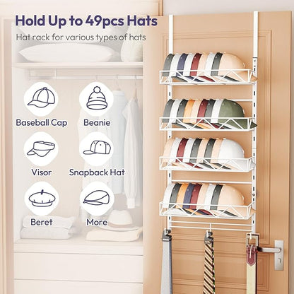 SWTYMIKI Over Door Hat Organizer - 5 Tier Wall Mounted Hat Rack with 4 Adjustable Metal Basket and 3 Hooks, Hanging Baseball Cap Organizer Storage Holds up to 49 Caps for Door, Bedroom, Closet