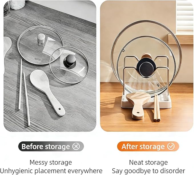 Pot lid Holder And Spoon Rest, 2 Layers Lid And Spoon Rest Pot Lid Organizer With Drip Tray, Multifunction Kitchen Gadget Rack For Cooking (White)