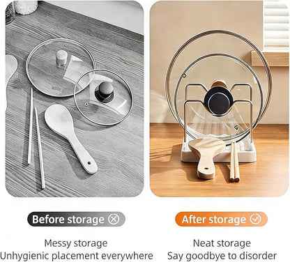 Pot lid Holder And Spoon Rest, 2 Layers Lid And Spoon Rest Pot Lid Organizer With Drip Tray, Multifunction Kitchen Gadget Rack For Cooking (White)