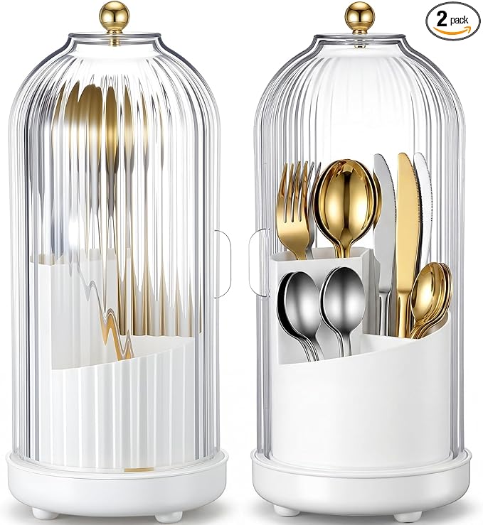 2 Pack 360° Rotating Silverware Organizer, Utensil Holder with Lid for Kitchen Counter, Silverware Caddy with Drainage Dustproof Flatware Holder for Cutlery Spoon Fork Storage, White(3 Slot)