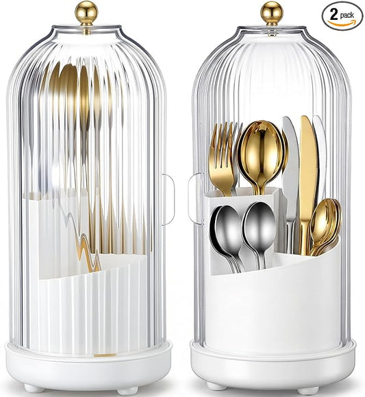 2 Pack 360° Rotating Silverware Organizer, Utensil Holder with Lid for Kitchen Counter, Silverware Caddy with Drainage Dustproof Flatware Holder for Cutlery Spoon Fork Storage, White(3 Slot)