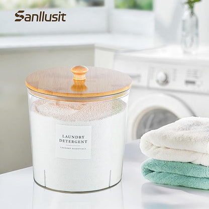 Laundry Room Organization Container, 2pcs Round Acrylic Laundry Pod Storage Containers, Dryer Sheet Holder Jars with Bamboo Lids and Labels for Scent Booster Powder Detergent Pods Storage
