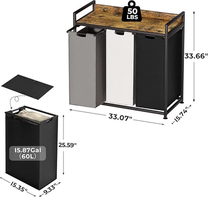Herture Laundry Hampers with Shelf, Laundry Basket 3 Section, Laundry Sorter with Pull-Out Removable Large 3 Color Bags and Movable Wheels, Metal Frame, 3 x 15.87 Gallons (60L), Rustic Brown PF04XLN