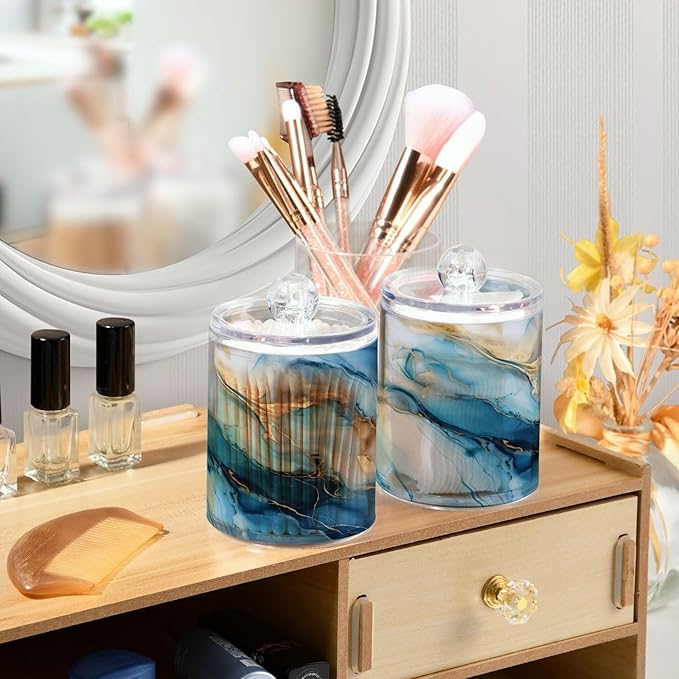 2 Pack Qtip Holder Dispenser for Cotton Ball Gold Marble Blue Fluid Marble Swab Round Pads Clear Plastic Acrylic Jar Set Bathroom Canister