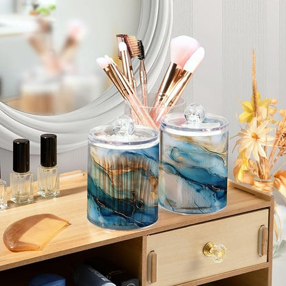 2 Pack Qtip Holder Dispenser for Cotton Ball Gold Marble Blue Fluid Marble Swab Round Pads Clear Plastic Acrylic Jar Set Bathroom Canister