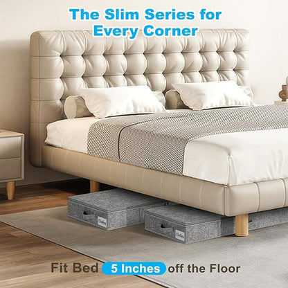 Under Bed Storage Container Bins 2 Pack, 5 Inch Thin Low Profile Underbed Clothes Storage Organizer for Dorm & Home, Use for Blanket and Toy Storage Box W/ Sturdy Bottom/Sides, Foldable Thick Fabric