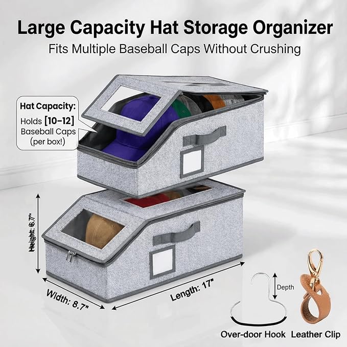 2 PCS Hat Organizer Storage Box for Closet, Stackable Hat Storage Box With Clear Window, Baseball Cap Organizer, Hat Storage Case, Dustproof Hat Holder Bin for Closet Shelf Wardrobe (Grey)