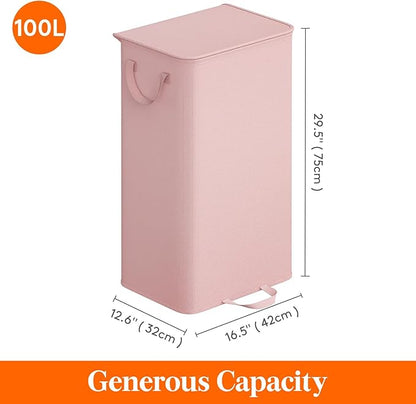 Lifewit Single Laundry Hamper with Lid and Removable Laundry Bags, Large Collapsible 1 Dividers Dirty Clothes Basket with Handles for Bedroom Laundry Room Closet Bathroom College, 100L Pink