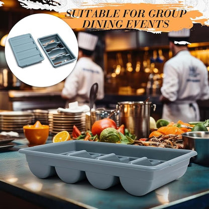 Maxdot 6 Pcs 20.5 x 11.9 x 3.7 Inch Silverware Organizer with Lid, Commercial 4-compartment Restaurant Kitchen Cutlery Tray, Plastic Silverware Storage Container, Condiments Holder (Grayish Blue)