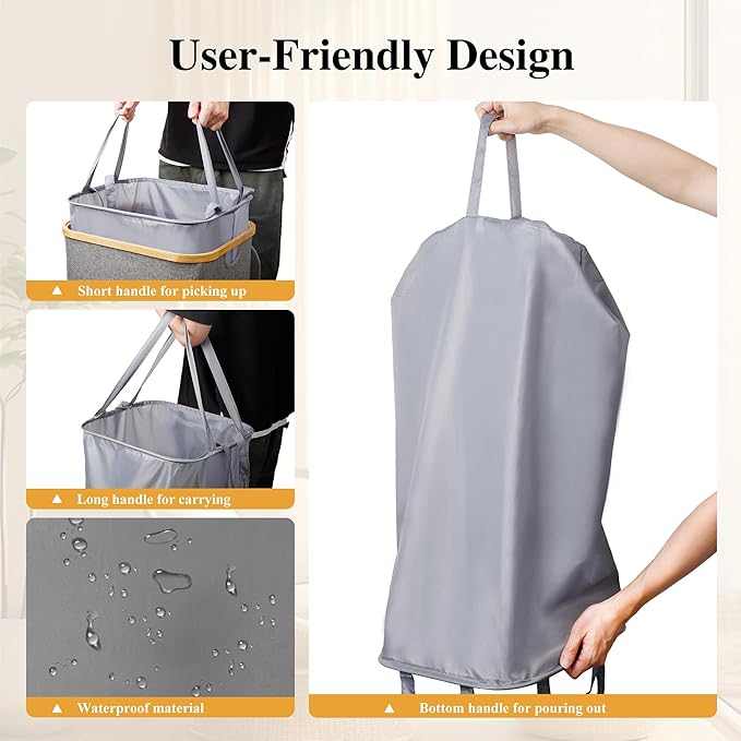 Foluck Large Laundry Hamper, 75L Waterproof Laundry Basket with Lid and Removable Bag, Collapsible Tall Clothes Hamper with Bamboo Handles for Clothes Toys in Dorm Bedroom Bathroom, Grey