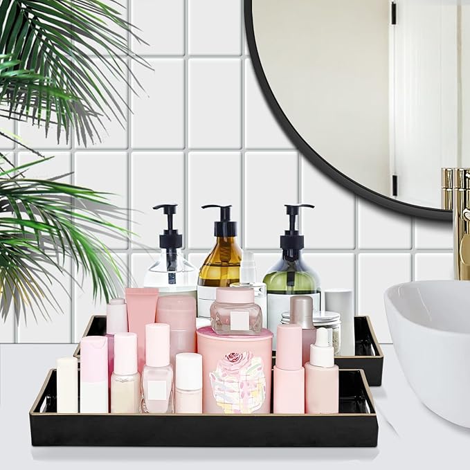 MAONAME Black Vanity Tray Set of 2, Plastic Decorative Tray with Handles, Small Narrow Trays, Rectangular Bathroom Trays for Toilet Tank, 13.8" X 6" X 1.57"
