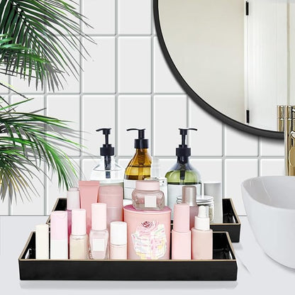 MAONAME Black Vanity Tray Set of 2, Plastic Decorative Tray with Handles, Small Narrow Trays, Rectangular Bathroom Trays for Toilet Tank, 13.8" X 6" X 1.57"