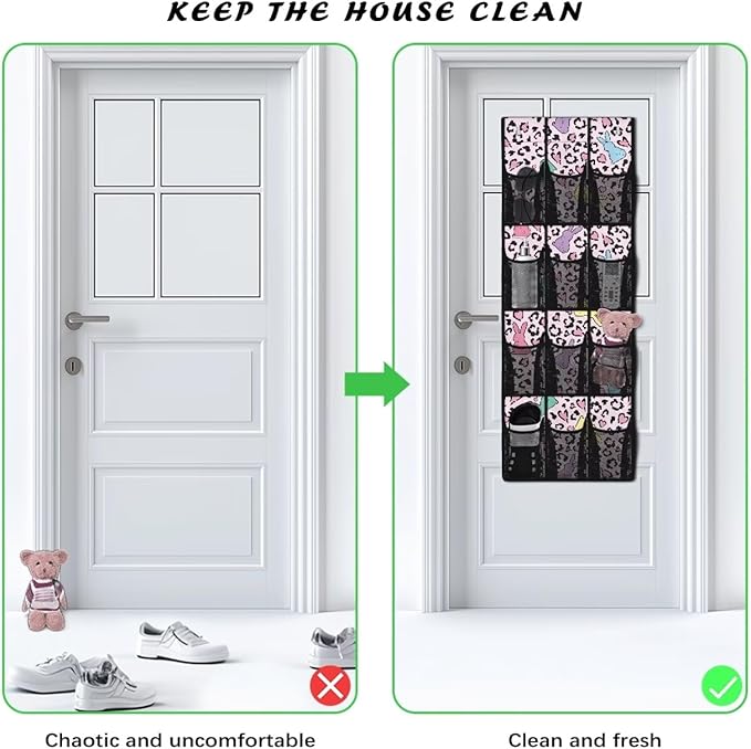 Colorful Leopard Prints Hanging Storage Bags,Shoe Organizer Door Hanger with 12 Mesh Large Pockets,Space Saver Hanging Shoe Storage Hanging Bag