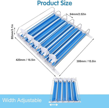 Drink Organizer for Fridge, 18.9x15.0x3.1in Soda Can Dispenser for Refrigerator, 5 Rows Adjustable Automatic Pusher Glide Drink Dispenser for Beer Beverages (Blue)