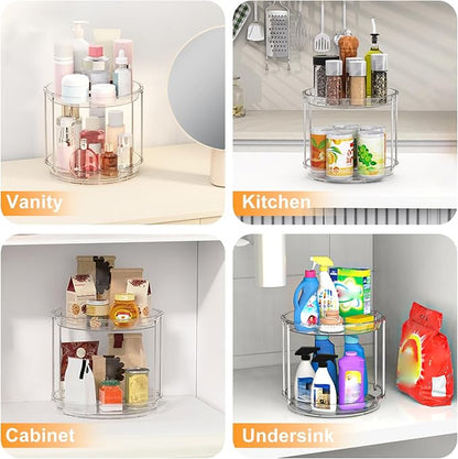360 Rotating Makeup Organizer – 2 Tier Lazy Susan Turntable Organizer, Clear Bathroom Counter Organizer for Vanity, Spinning Skincare Perfume Tray for Bathroom, Dresser, Kitchen Cabinet