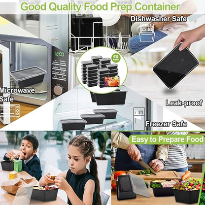 50-Pack Meal Prep Containers, 26 OZ Microwavable Reusable Food Containers with Lids for Food Prepping, Disposable Lunch Boxes, Plastic Food Boxes- Stackable, Freezer Dishwasher Healthy