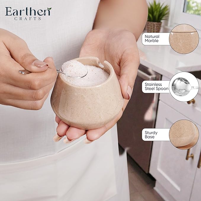 Marble Salt Cellar with Lid 3 Inch Beige Handmade Salt Box, Seasoning Container & Spice Jar with Spoon, Stone Salt Holder for Counter, 3 OZ Capacity, Ideal Mother’s Day Gift, Home Decor