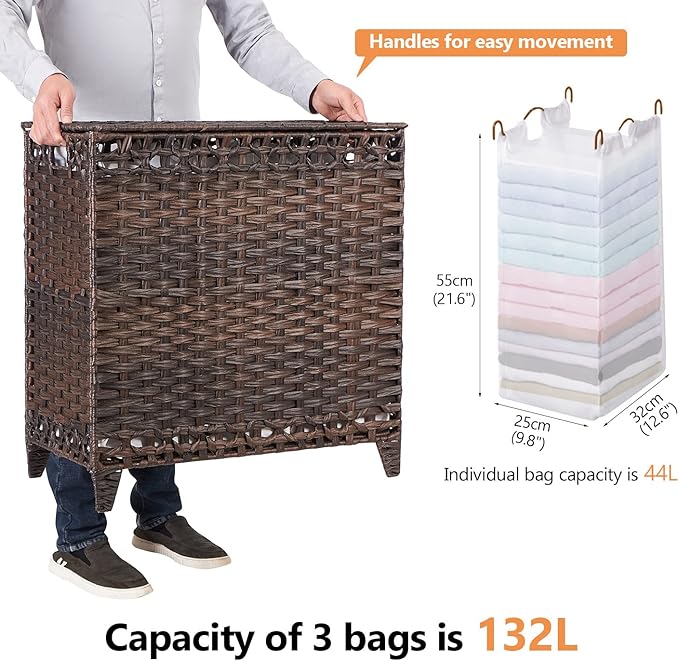 Laundry Hamper with 3 Removable Liner Bags; 132L Handwoven Rattan Laundry Basket with Lid & Heightened Feet; Clothes Hamper with Side Handles; Laundry Sorter with 3 Separate Sections
