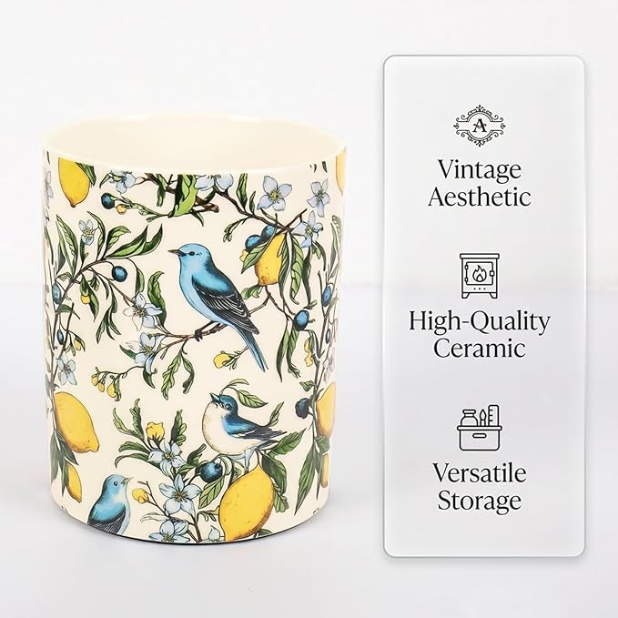 JarThenaAMCS Vintage Hummingbird Lemon Ceramic Utensil Holder Yellow Lemon Blue Bird Utensil Crock for Farmhouse Home Kitchen Countertop Storage Organizer Container