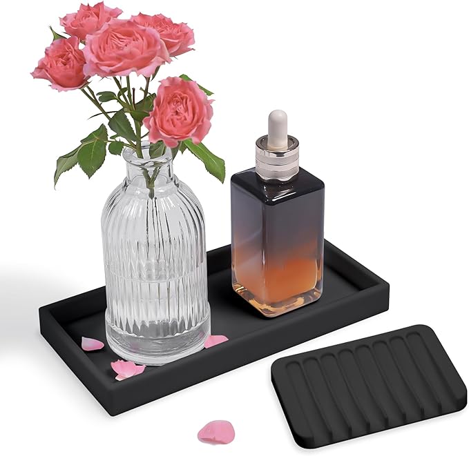 Bloss Small Bathroom Vanity Tray with Soap Dish, 8 x 4 inch Silicone Kitchen Soap Tray,Bathroom Counter Trays Organizer for Candle Perfume Jewelry Key, Black