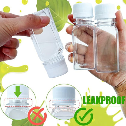 Qiuttnqn 50PCS 2oz Small Plastic Shot Bottles with White Caps,Reusable Clear Juice Containers with 10 Funnels,Empty Plastic Containers for Ginger Shots,Liquids,Beverages