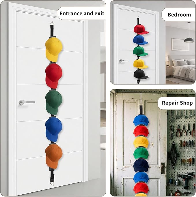 Hat Rack for Door,Two-Way Hanging Caps with 20 Display Hooks and Hanger, Hat Organizer for Baseball Caps, Over the Door Hat Storage Organizer for Bedroom, Closet,Entrance or Garage Doors,(Black)