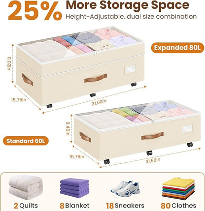 Budding Joy Under Bed Storage with Wheels 2Pack, 80L Height Adjustable Underbed Containers with Clear Lids, Rolling Under Bed Shoe Storage Organizer for Dorm Home Clothes, Blankets, Toys, Beige