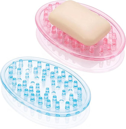 2 Pcs Plastic Soap Holder Soap Dish Bar Saver Tray with Holes Sponge Holder for Kitchen Bathroom Shower Counter, 4.5 x 3 x 0.7 Inches (Pink,Blue)