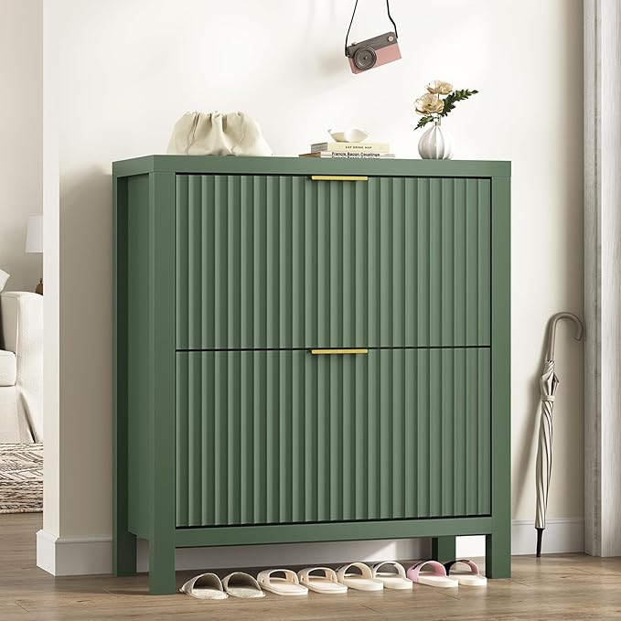 YOMILUVE Fluted Shoe Storage Cabinet with 2 Flip Drawers, Freestanding Shoe Organizer, Hidden Slim Narrow Shoe Rack for Entryway, Hallway, Green
